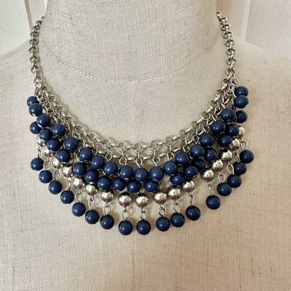Silver tone and blue beaded bib necklace